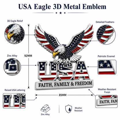 🔥Hot Sale 43% OFF 🎁3D Patriotic Eagle USA Car Emblem || Faith, Family & Freedom Metal Badge