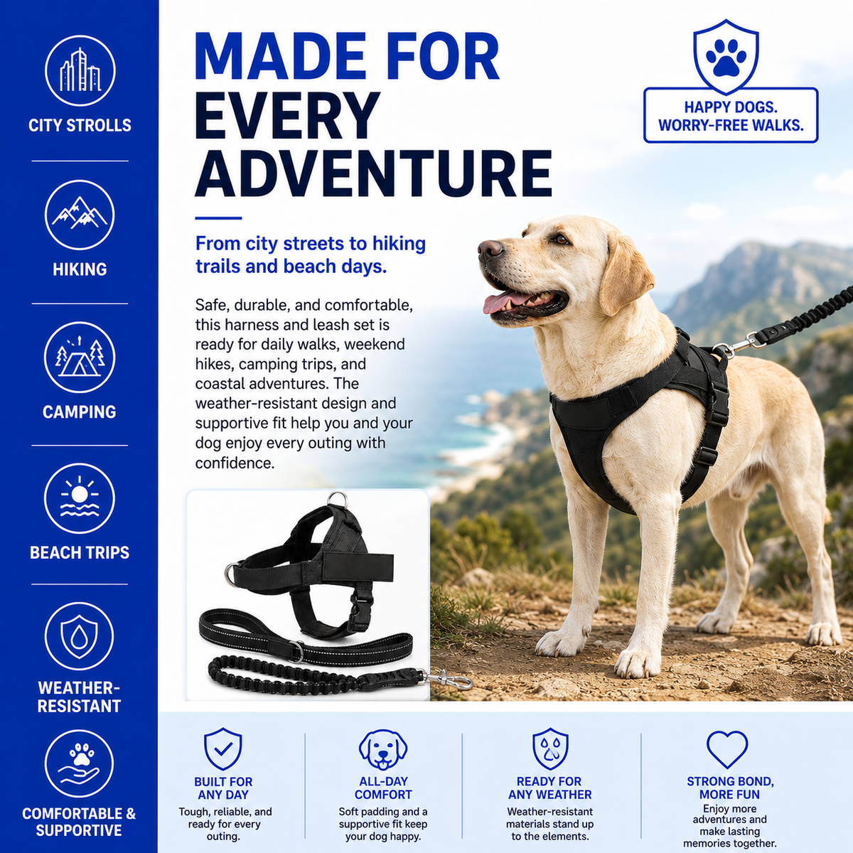 No-Pull Dog Harness & Leash Set – Breathable Adjustable Harness with 120 cm Leash