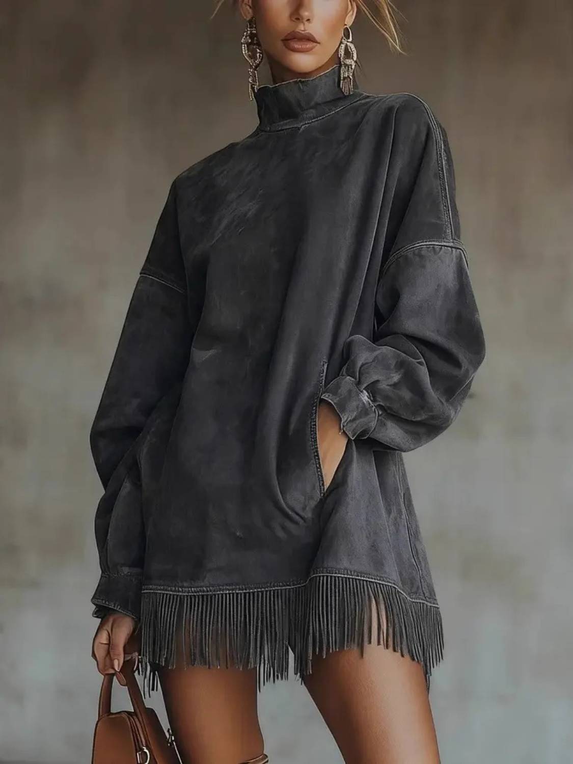 Women's High Neck Oversized Fringe Sweatshirt Dress with Side Pockets - Black