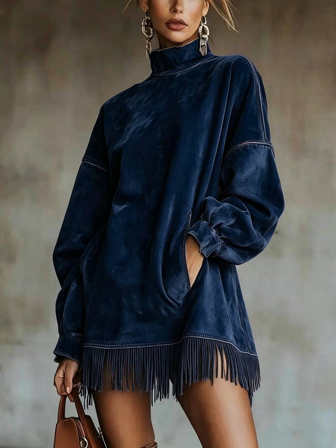 Women's High Neck Oversized Fringe Sweatshirt Dress with Side Pockets - Product image 6