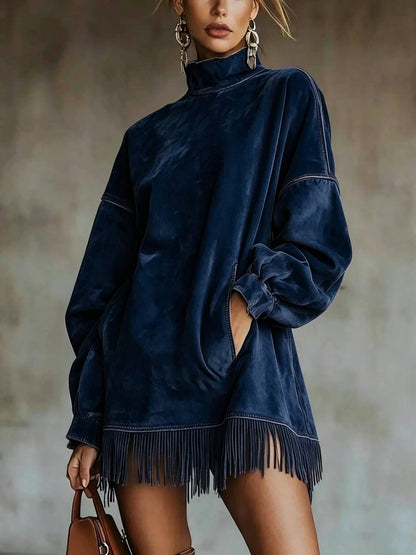 Women's High Neck Oversized Fringe Sweatshirt Dress with Side Pockets - Product image 6