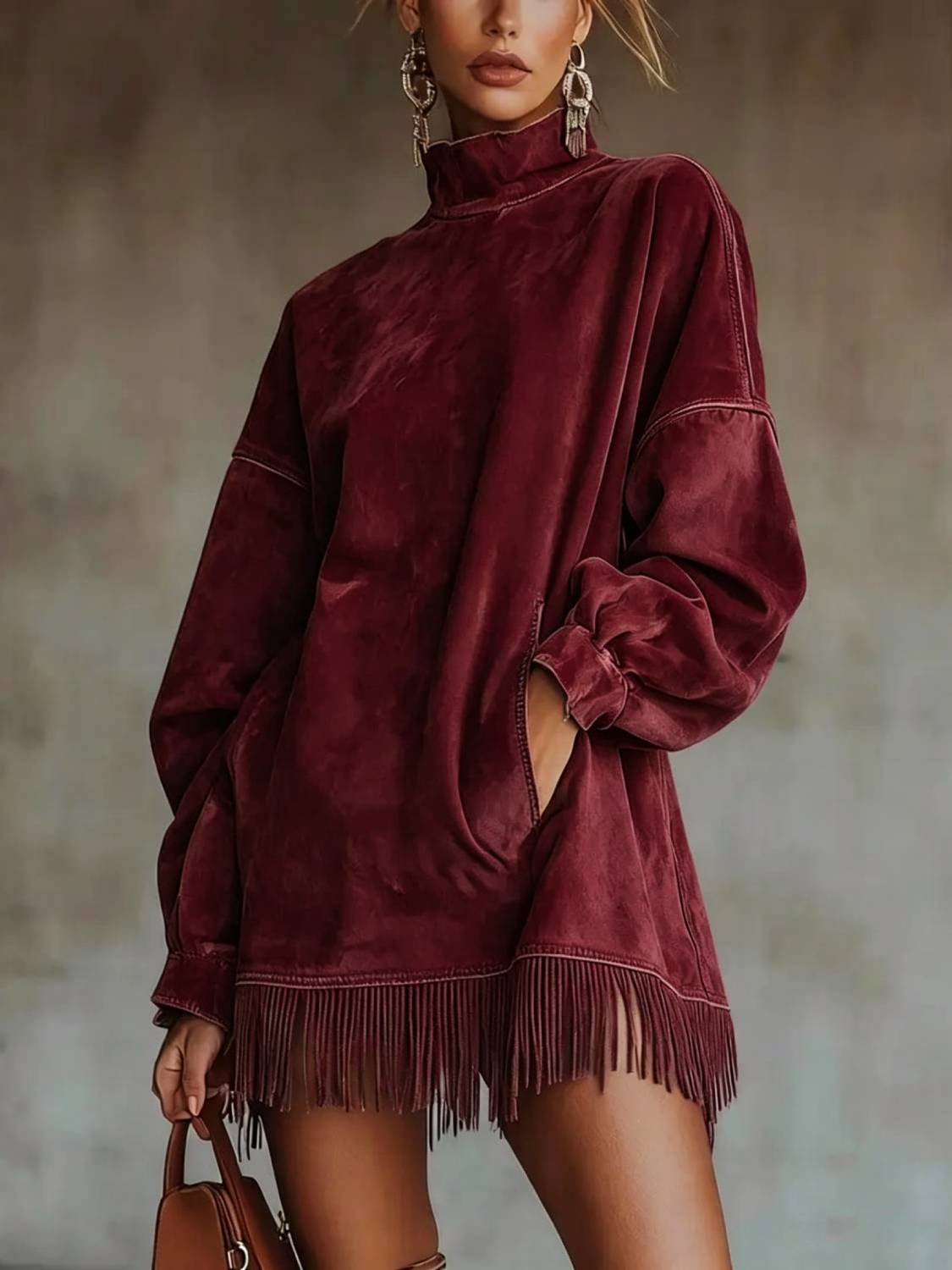 Women's High Neck Oversized Fringe Sweatshirt Dress with Side Pockets - Product image 5