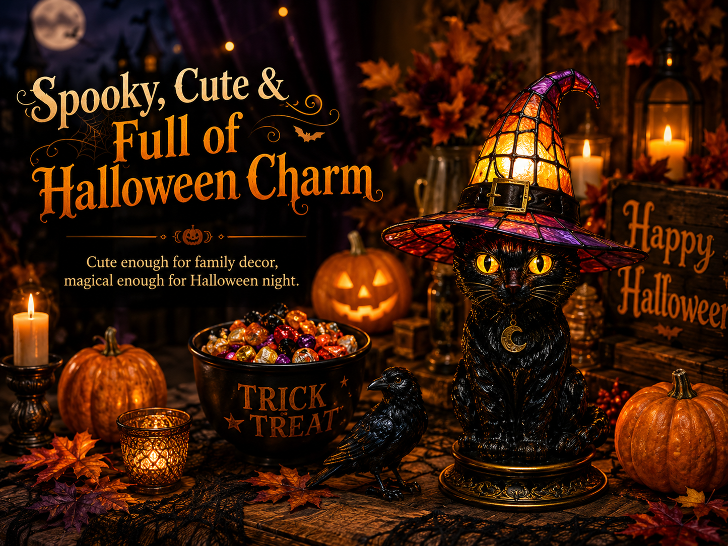 🔥Hot Sale 50% OFF 🎁🐈 Halloween Black Cat Witch Hat Night Light