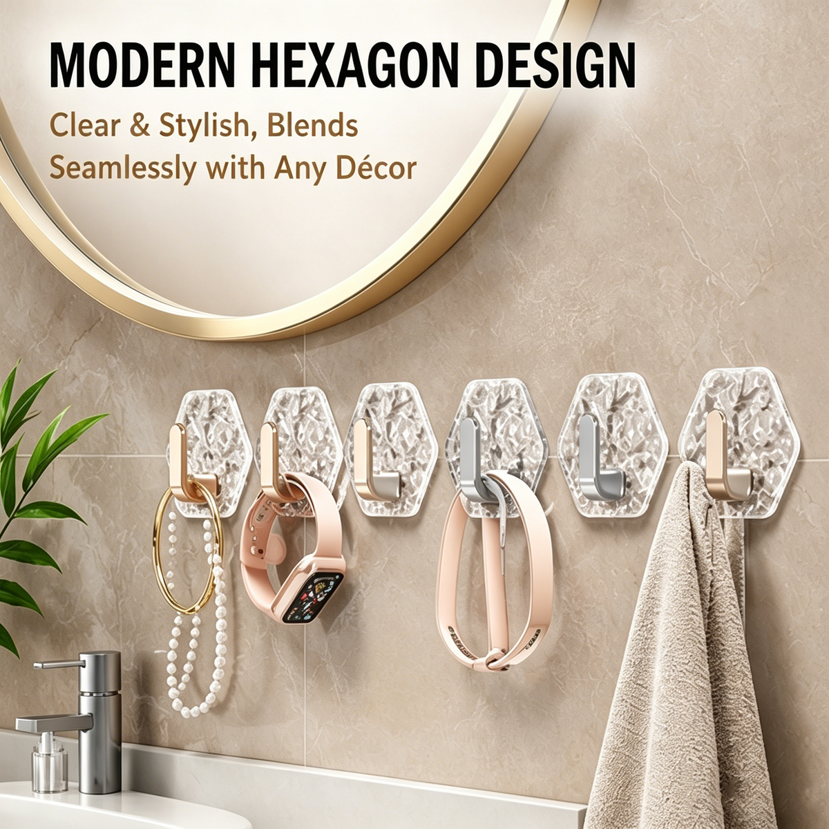Modern hexagon hooks in bathroom decor