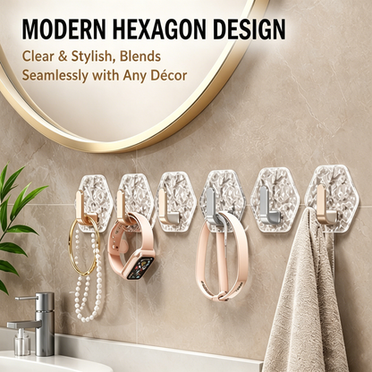 Modern hexagon hooks in bathroom decor