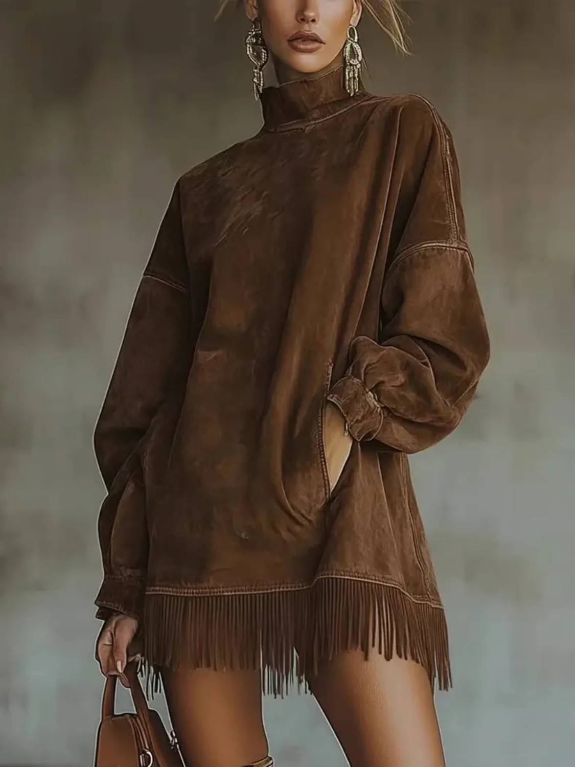 Women's High Neck Oversized Fringe Sweatshirt Dress with Side Pockets - Brown