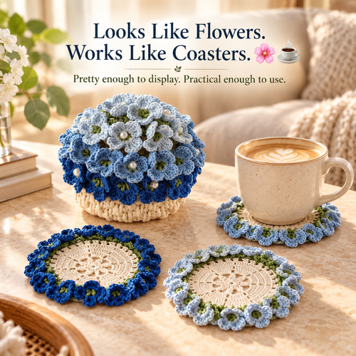 🌸Blue Hydrangea Crochet Coaster Set with Pot