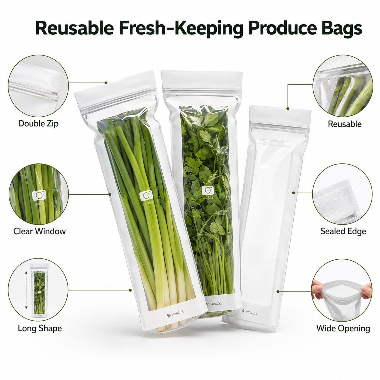 🥬 50/100PCS Reusable Fresh-Keeping Produce Bags, Double-Zip Seal Freshness Bags for Kitchen
