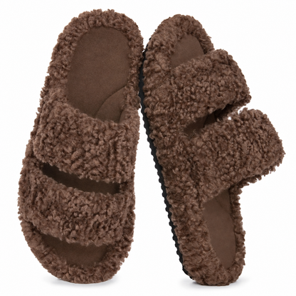 Women's Fuzzy Open-Toe Slippers - Elegant Mocha