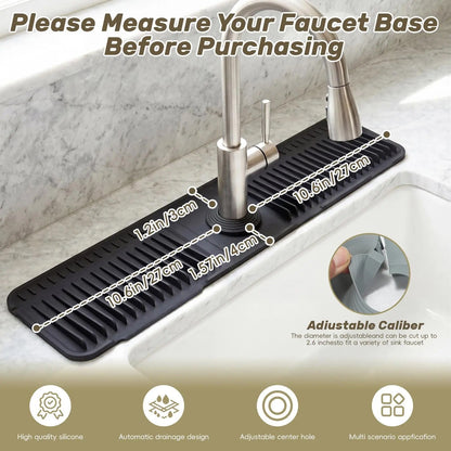 Black silicone faucet splash guard mat showing fit and faucet-base measurements