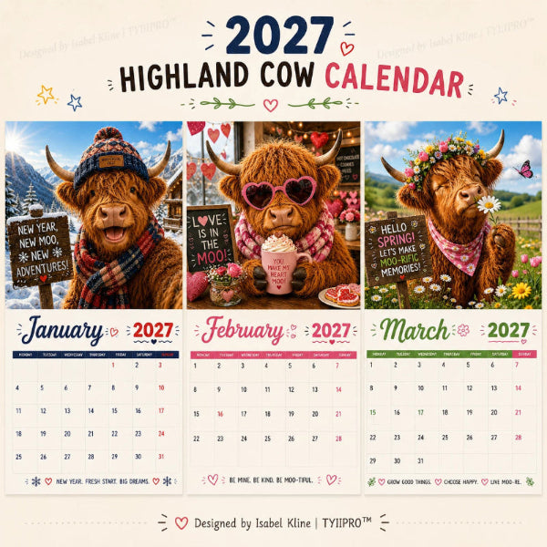 2027 Funny Highland Cow Wall Calendar A4 Hanging Calendar