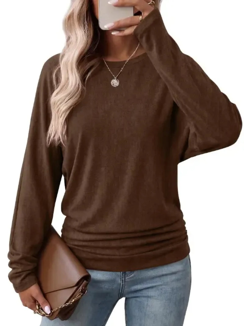 Womens Long Sleeve Shirts Ruched Hem Fall Tops Lightweight Sweaters - Cocoa Brown