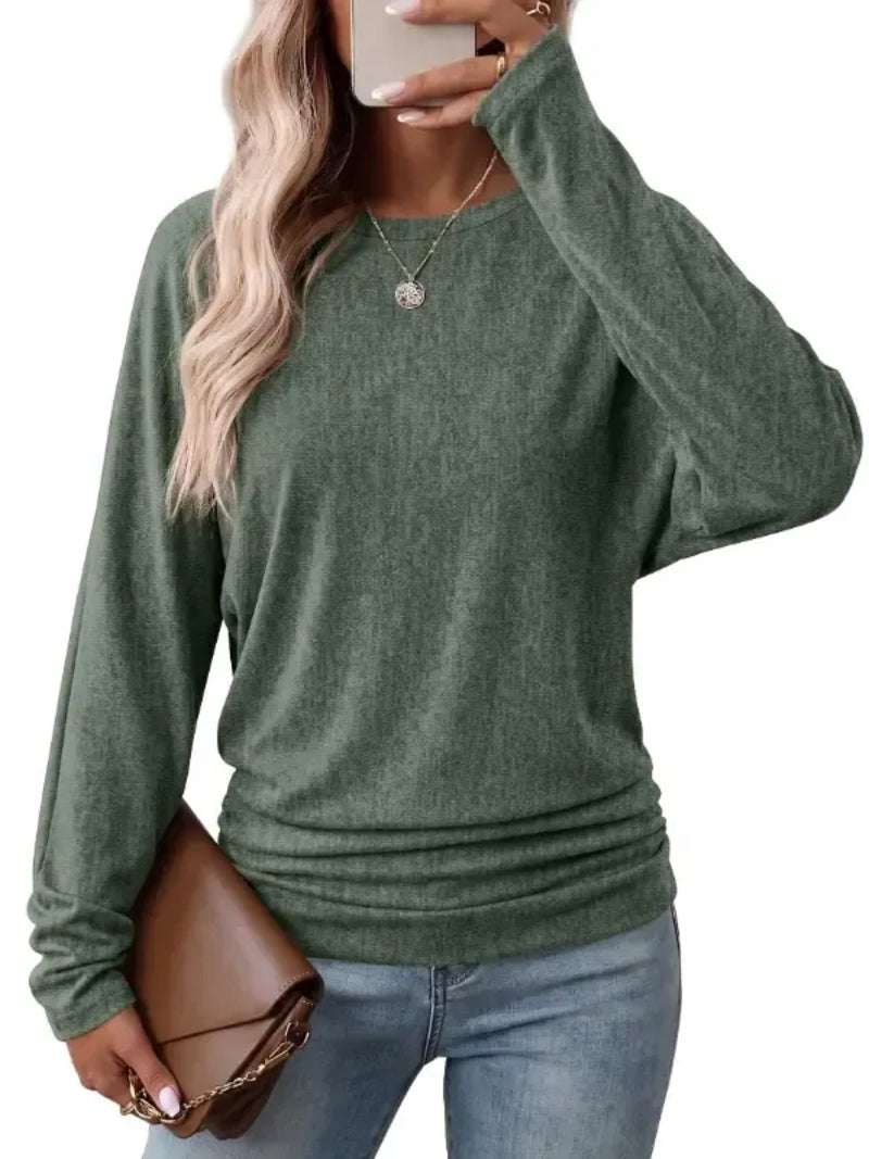 Womens Long Sleeve Shirts Ruched Hem Fall Tops Lightweight Sweaters - Moss Sage