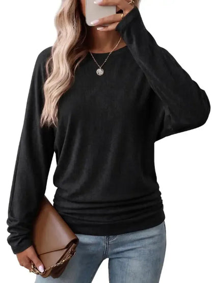 Womens Long Sleeve Shirts Ruched Hem Fall Tops Lightweight Sweaters - Black