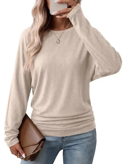 Womens Long Sleeve Shirts Ruched Hem Fall Tops Lightweight Sweaters - Cream Beige