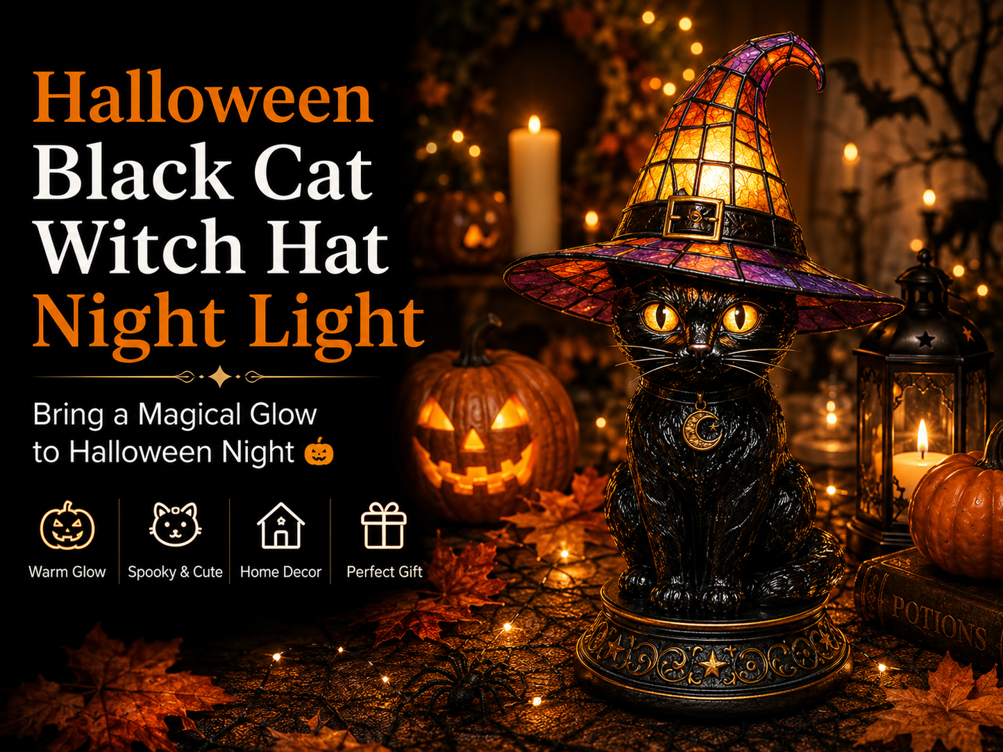 🔥Hot Sale 50% OFF 🎁🐈 Halloween Black Cat Witch Hat Night Light