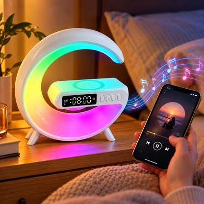 Crescent Moon Wireless Charging Speaker Lamp – 5-in-1 LED Night Light with Bluetooth Speaker &amp; Alarm Clock