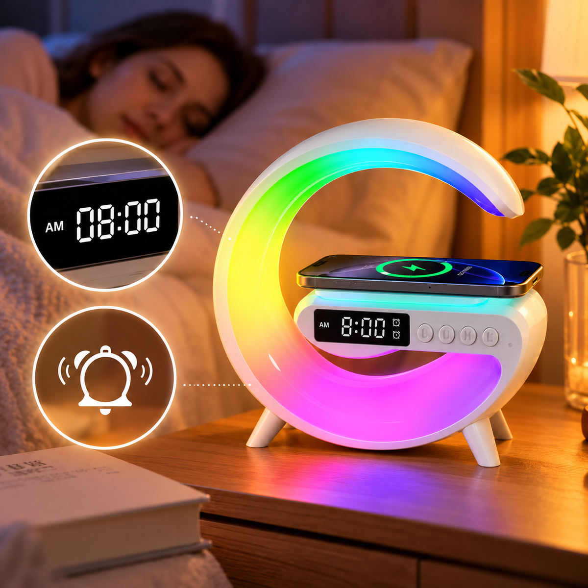 Crescent Moon Wireless Charging Speaker Lamp – 5-in-1 LED Night Light with Bluetooth Speaker &amp; Alarm Clock
