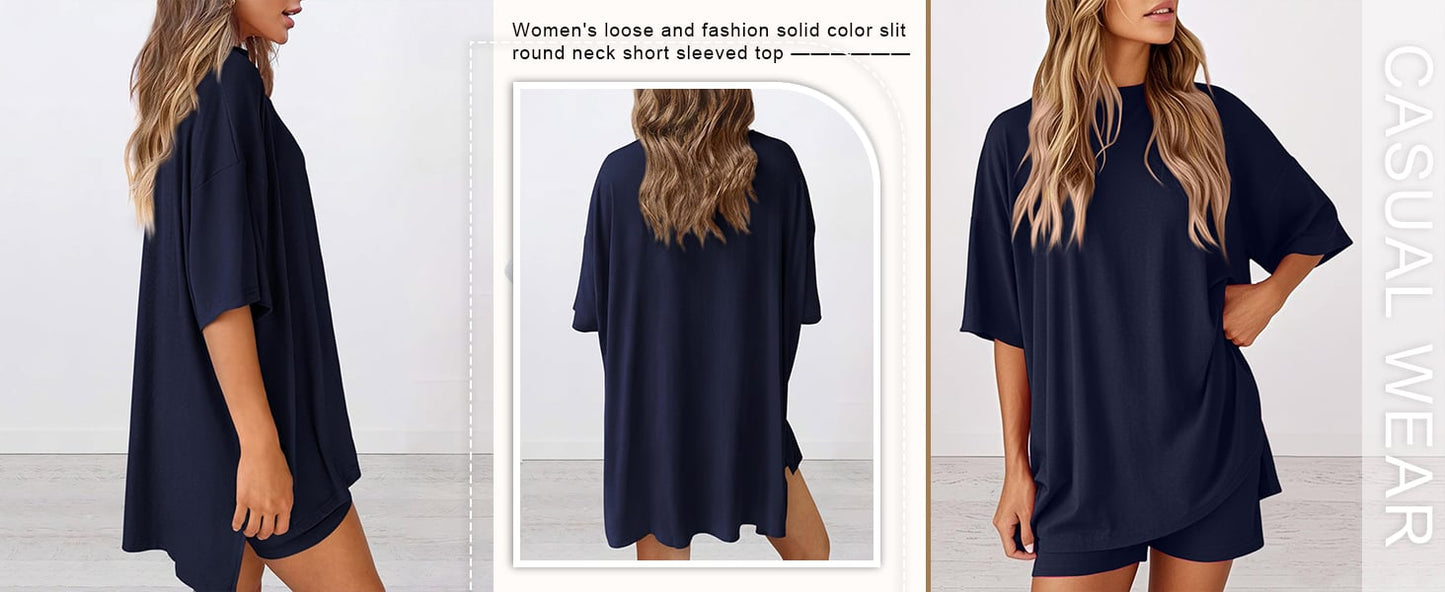 🔥Last Day 60% OFF🔥Crewneck Two-Piece Set For Women Summer Casual Oversized Split Hem Shirts