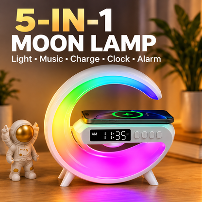 Crescent Moon Wireless Charging Speaker Lamp – 5-in-1 LED Night Light with Bluetooth Speaker &amp; Alarm Clock