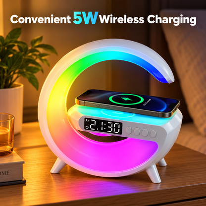 Crescent Moon Wireless Charging Speaker Lamp – 5-in-1 LED Night Light with Bluetooth Speaker &amp; Alarm Clock