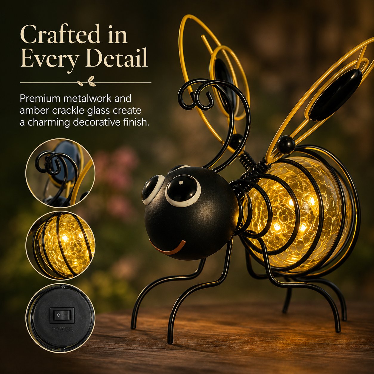 Outdoor Hanging Solar Bee Light, Glowing Metal Bee with Hook and Spring
