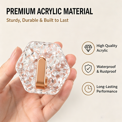 Close-up of clear acrylic hexagon adhesive hook