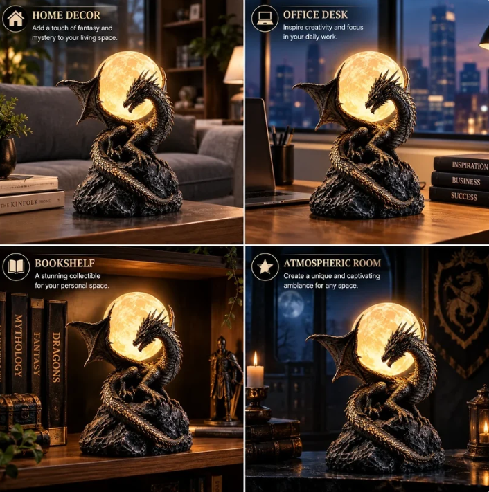 🐉 Gothic Dragon Moon Globe Statue Lamp