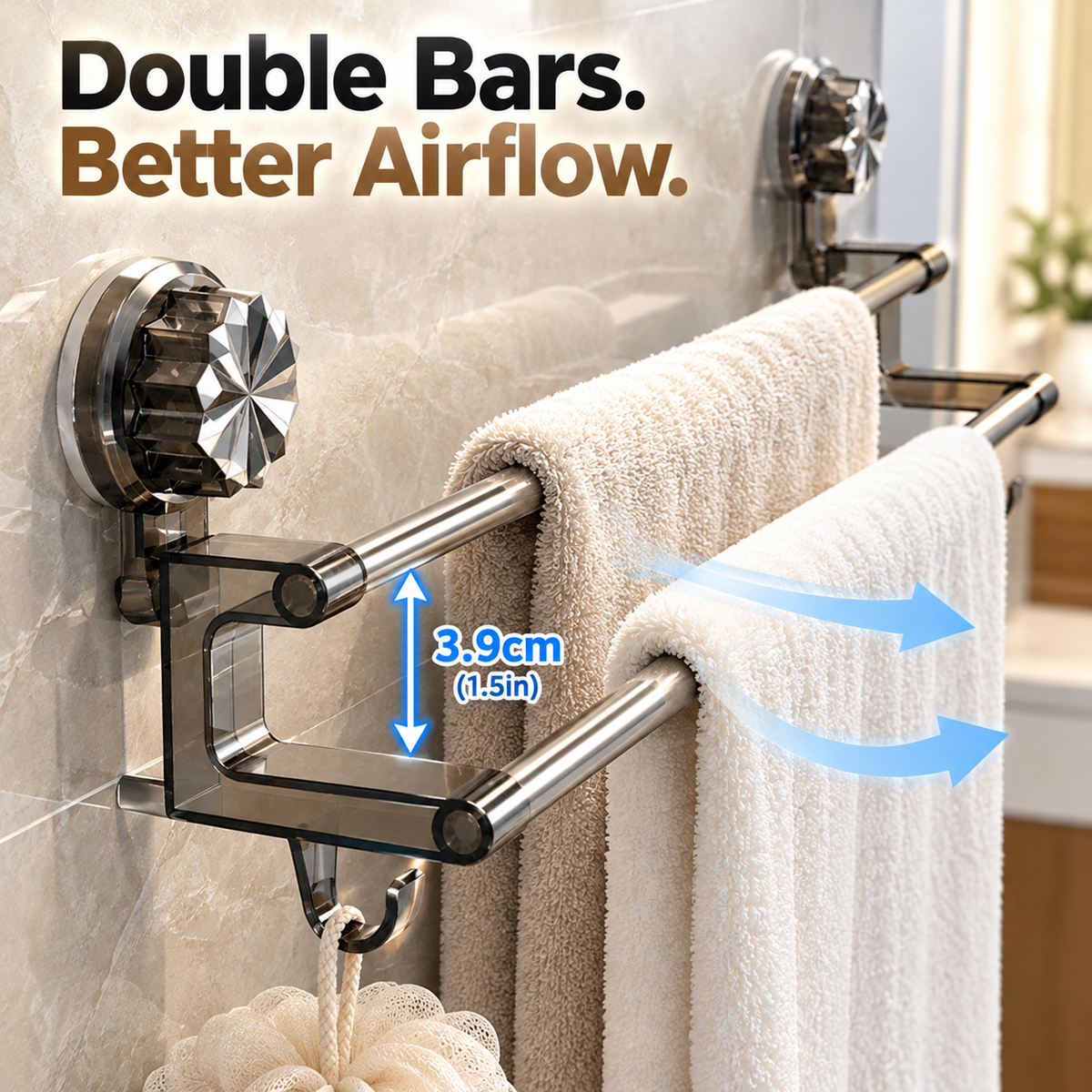 No-Drill Double Towel Bar with Suction Mounts