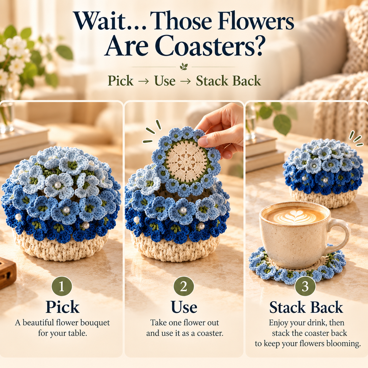🌸Blue Hydrangea Crochet Coaster Set with Pot