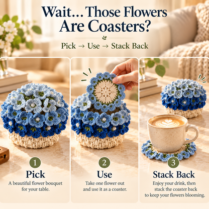 🌸Blue Hydrangea Crochet Coaster Set with Pot