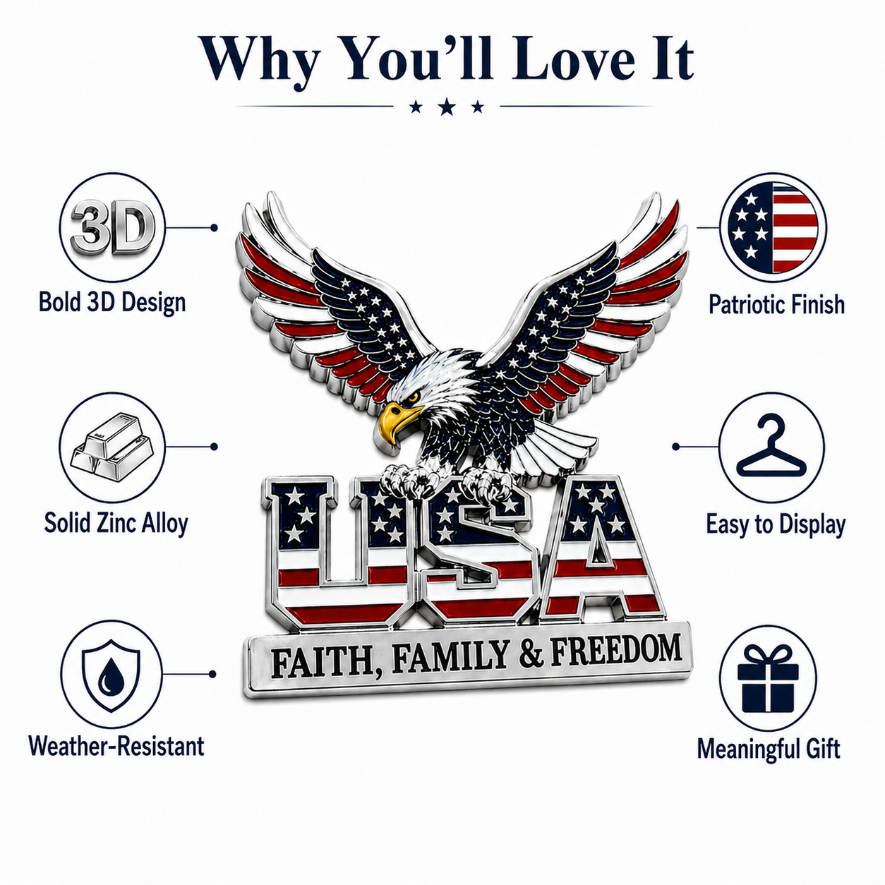 🔥Hot Sale 43% OFF 🎁3D Patriotic Eagle USA Car Emblem || Faith, Family & Freedom Metal Badge