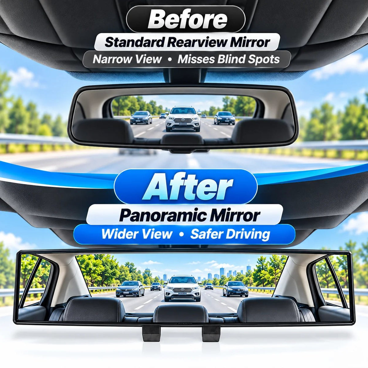 12-Inch HD Convex Panoramic Rearview Mirror – Clip-On Wide-Angle Car Mirror with Anti-Glare Glass & Anti-Slip Clips