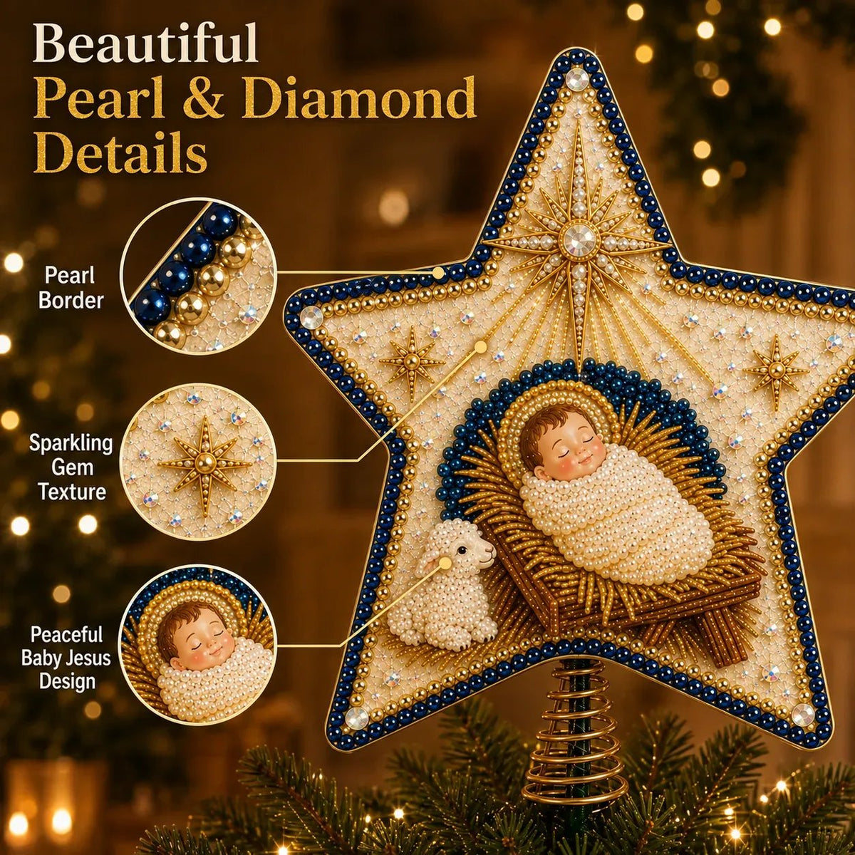 🔥LAST DAY 69% OFF - ⭐ Christian Faith Nativity Pearl Diamond Art Tree Topper Kit – Handcrafted Christmas Keepsake & Holiday Decor