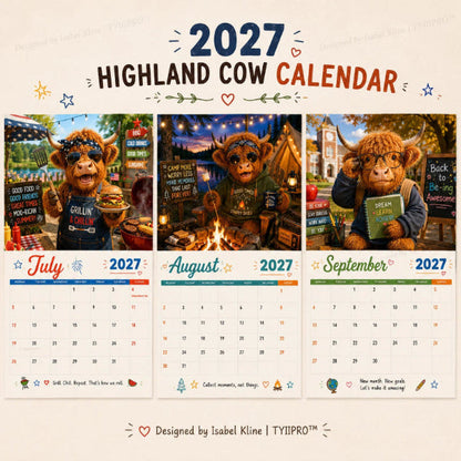 2027 Funny Highland Cow Wall Calendar A4 Hanging Calendar