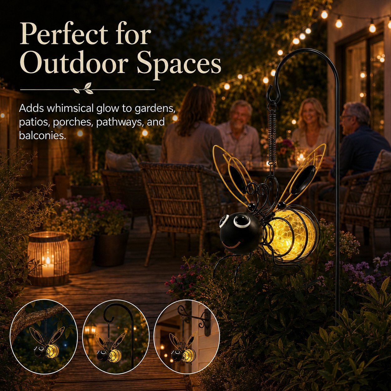 Outdoor Hanging Solar Bee Light, Glowing Metal Bee with Hook and Spring