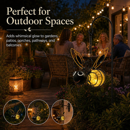 Outdoor Hanging Solar Bee Light, Glowing Metal Bee with Hook and Spring