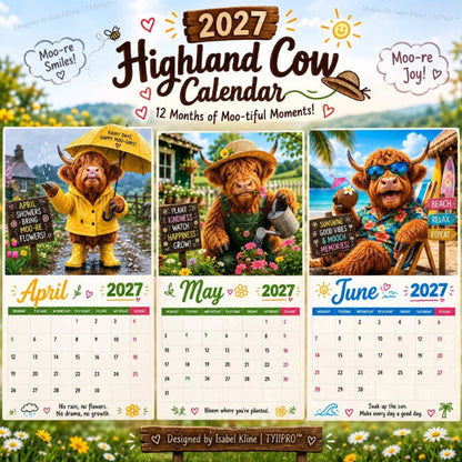 2027 Funny Highland Cow Wall Calendar A4 Hanging Calendar