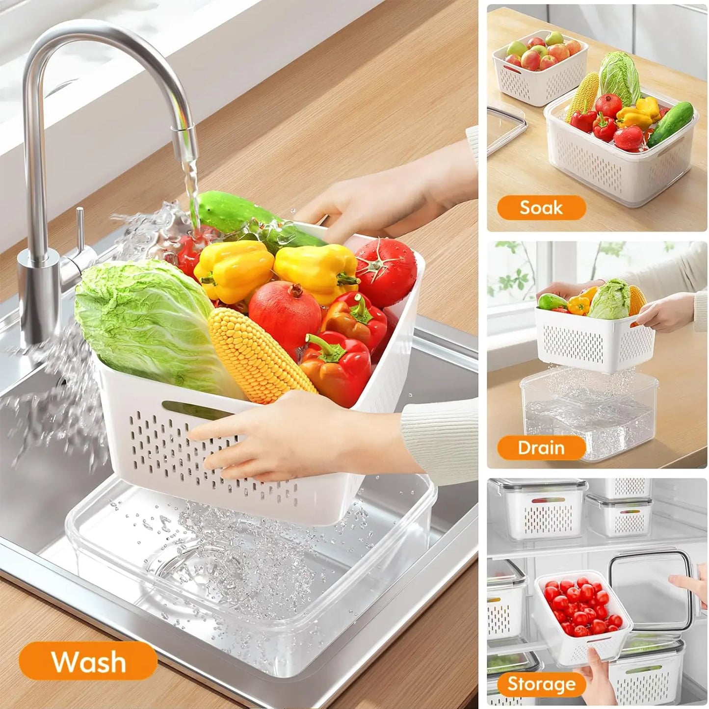 🔥LAST DAY 50% OFF🎁3/5 Pack Stackable Fridge Organizers with Removable Colander