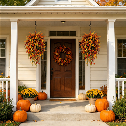 🍂🍁 ARTIFICIAL FALL HARVEST HANGING BASKET - AUTUMN PORCH & DOOR DECORATION