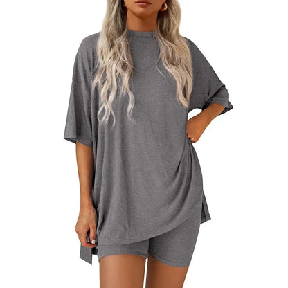 🔥Last Day 60% OFF🔥Crewneck Two-Piece Set For Women Summer Casual Oversized Split Hem Shirts