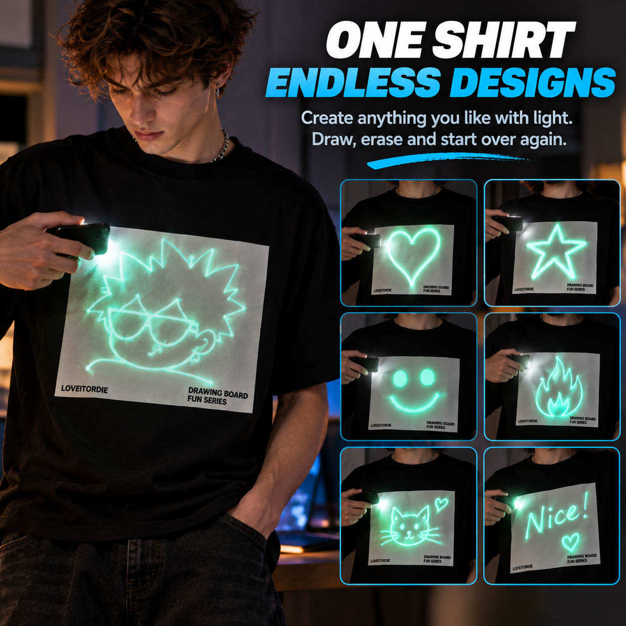 Different drawings created on the same light reactive T-shirt