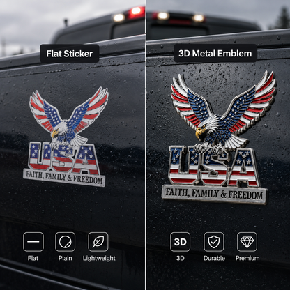 🔥Hot Sale 43% OFF 🎁3D Patriotic Eagle USA Car Emblem || Faith, Family & Freedom Metal Badge