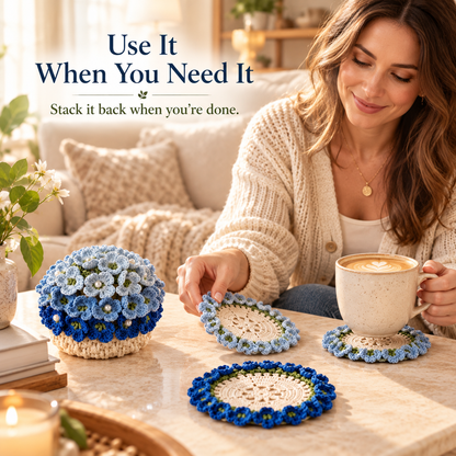 🌸Blue Hydrangea Crochet Coaster Set with Pot