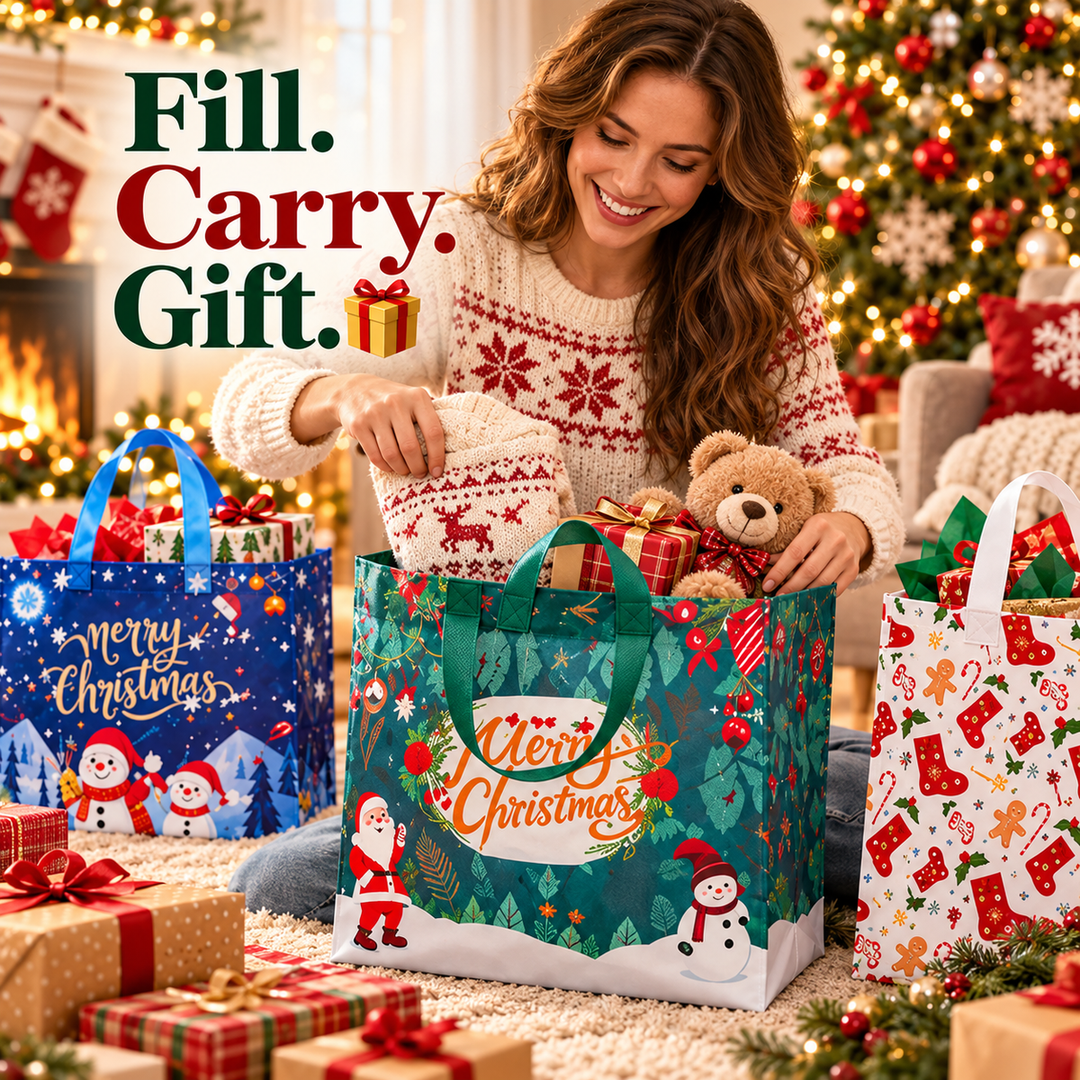 🎄Christmas Sale 49% OFF🎄16 Pack Large Reusable Non-Woven Christmas Gift Bags with Handles