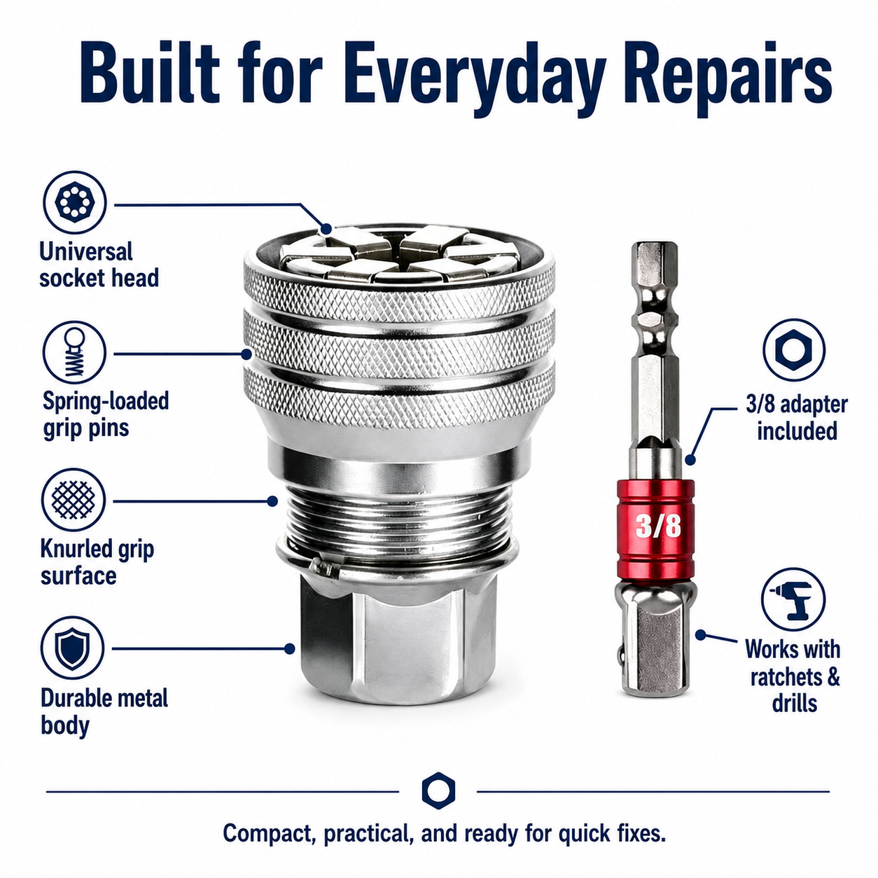 Universal Socket Wrench Tool with 3/8-inch Drill Adapter