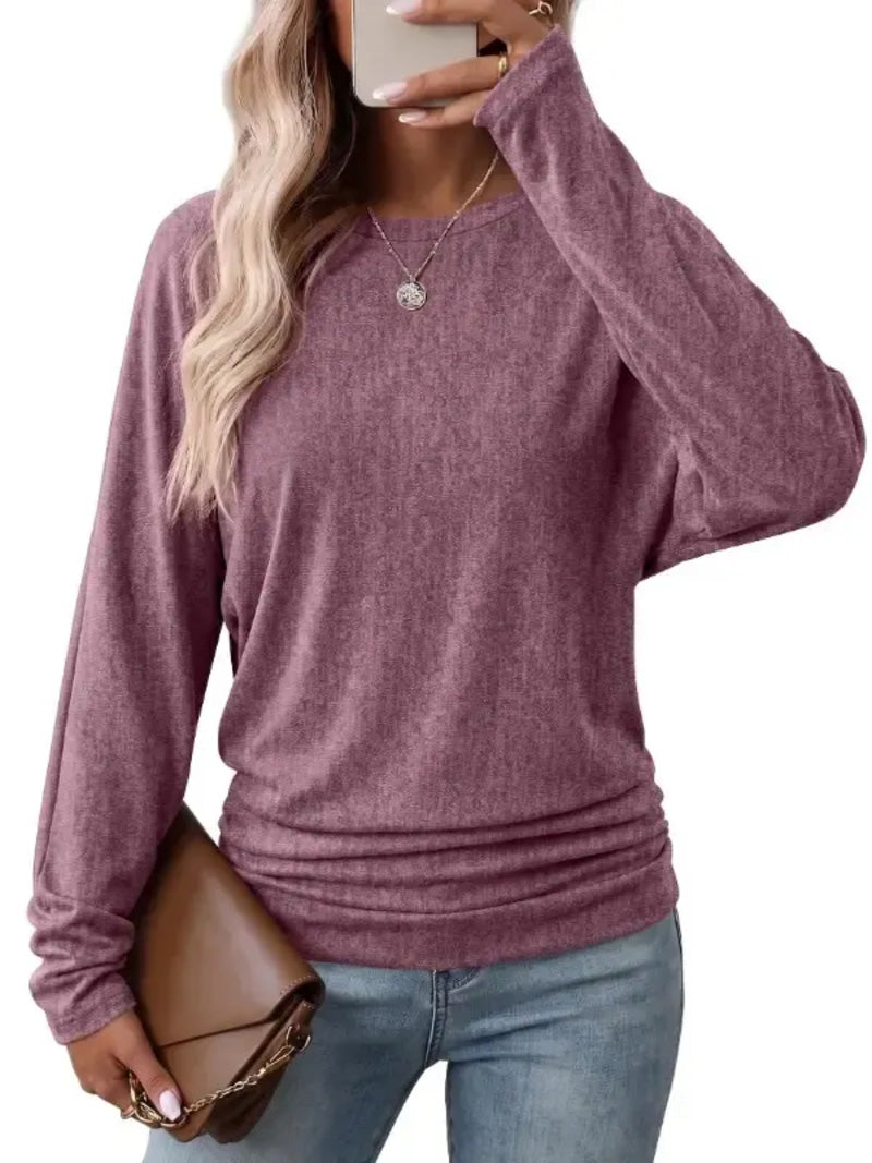 Womens Long Sleeve Shirts Ruched Hem Fall Tops Lightweight Sweaters - Mauve Haze