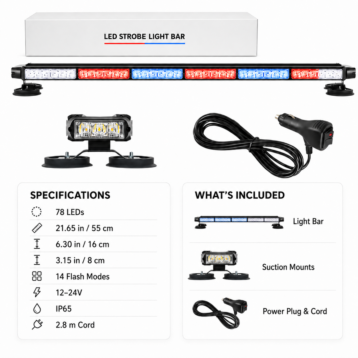 78-LED Multi-Color Vehicle Warning Light Bar| 21.65-Inch Four-Sided Flashing Safety Light with 14 Modes