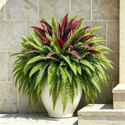 UV-Resistant Artificial Fern & Red Dracaena Decorative Plants - Full, Lush & Fade-Resistant!