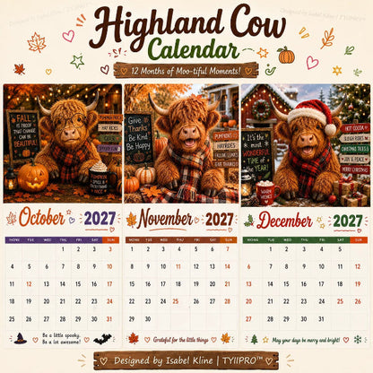 2027 Funny Highland Cow Wall Calendar A4 Hanging Calendar